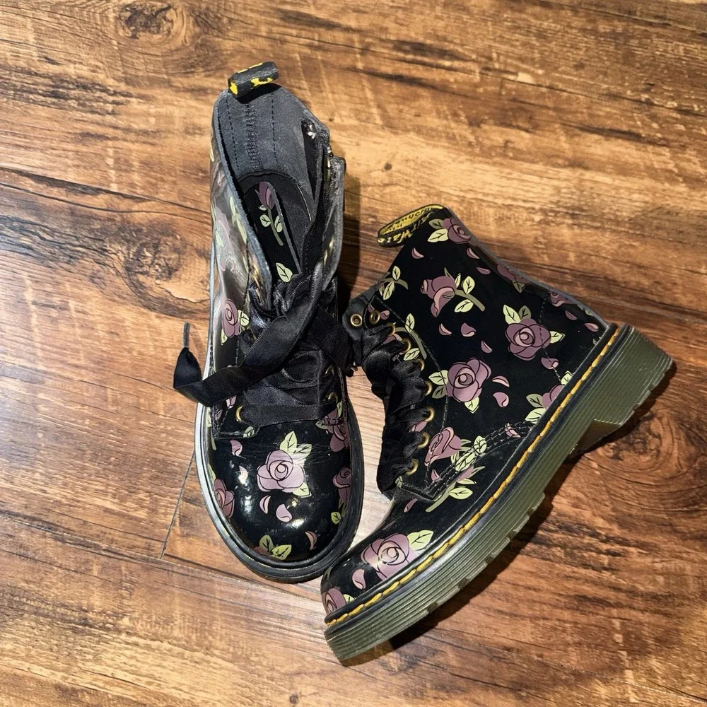 Doc Martens Girls Black Floral Lace Up Side Zip Pascal Moto Boots Size 13